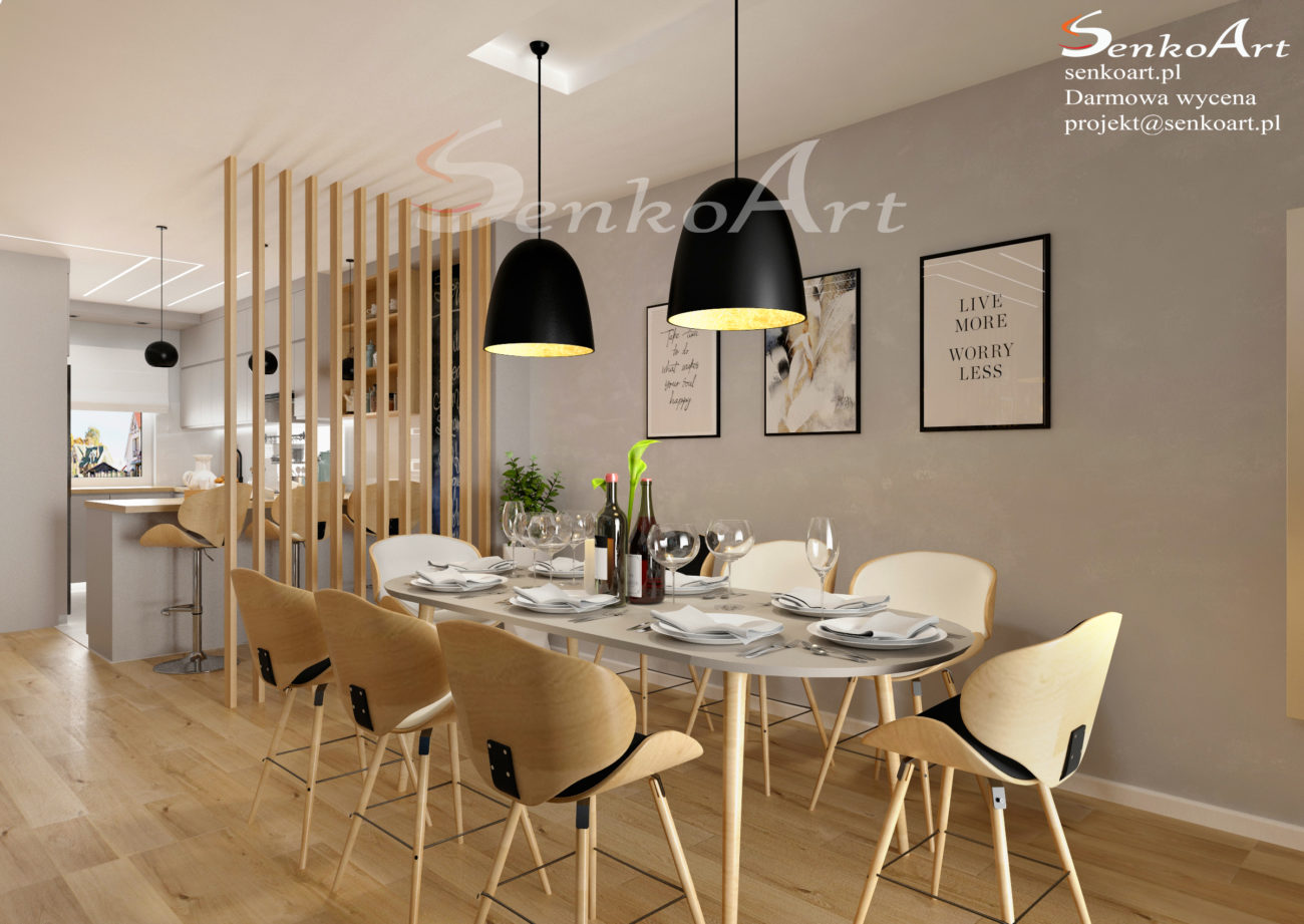 projekt salonu z aneksem kuchennym w nowoczesnym stylu fot. Senkoart Design