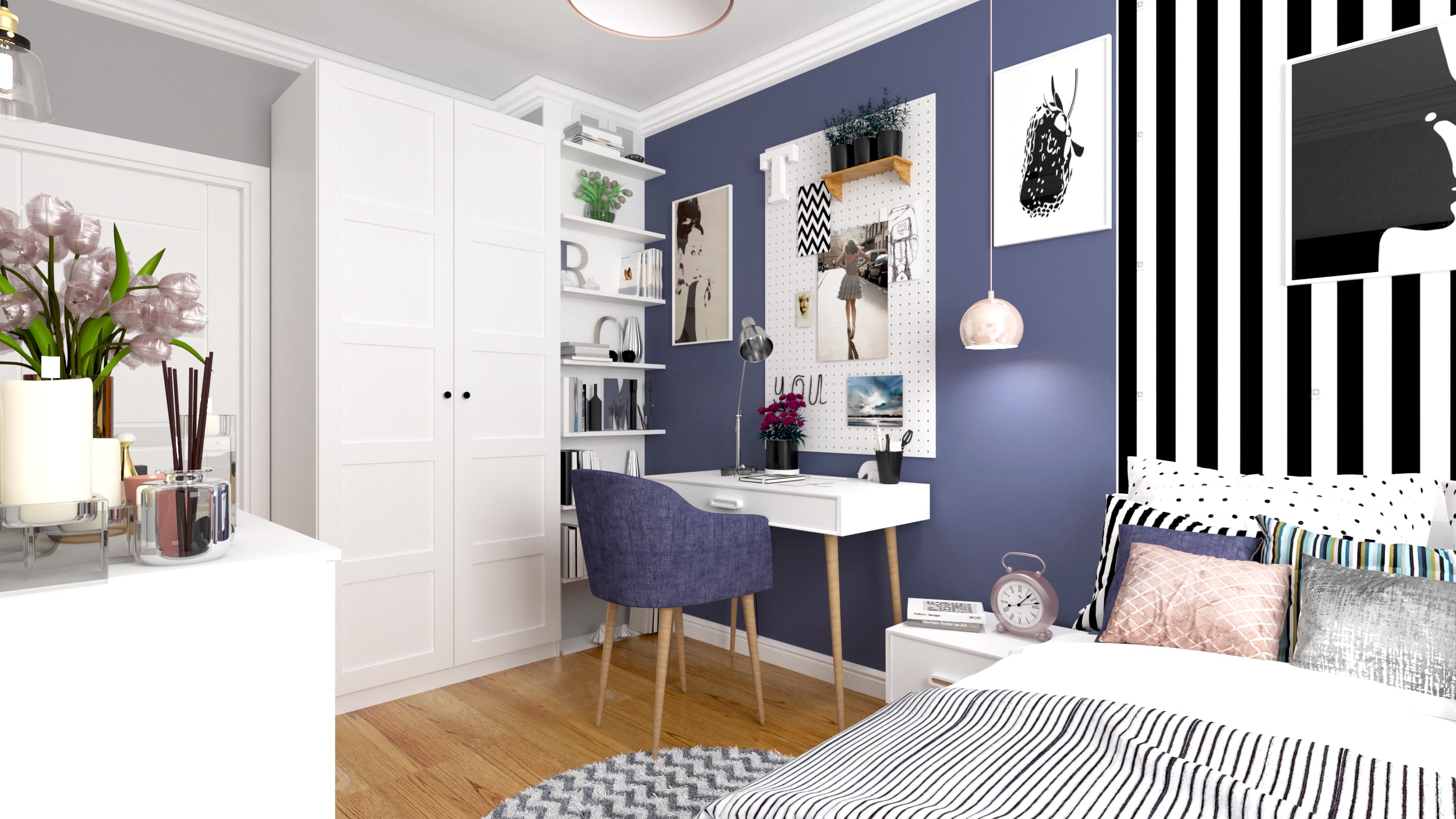 Pokój dla dziewczynki 11 lat – jasna i nowoczesna aranżacja z biurkiem, łóżkiem i dekoracjami w pastelowych kolorach