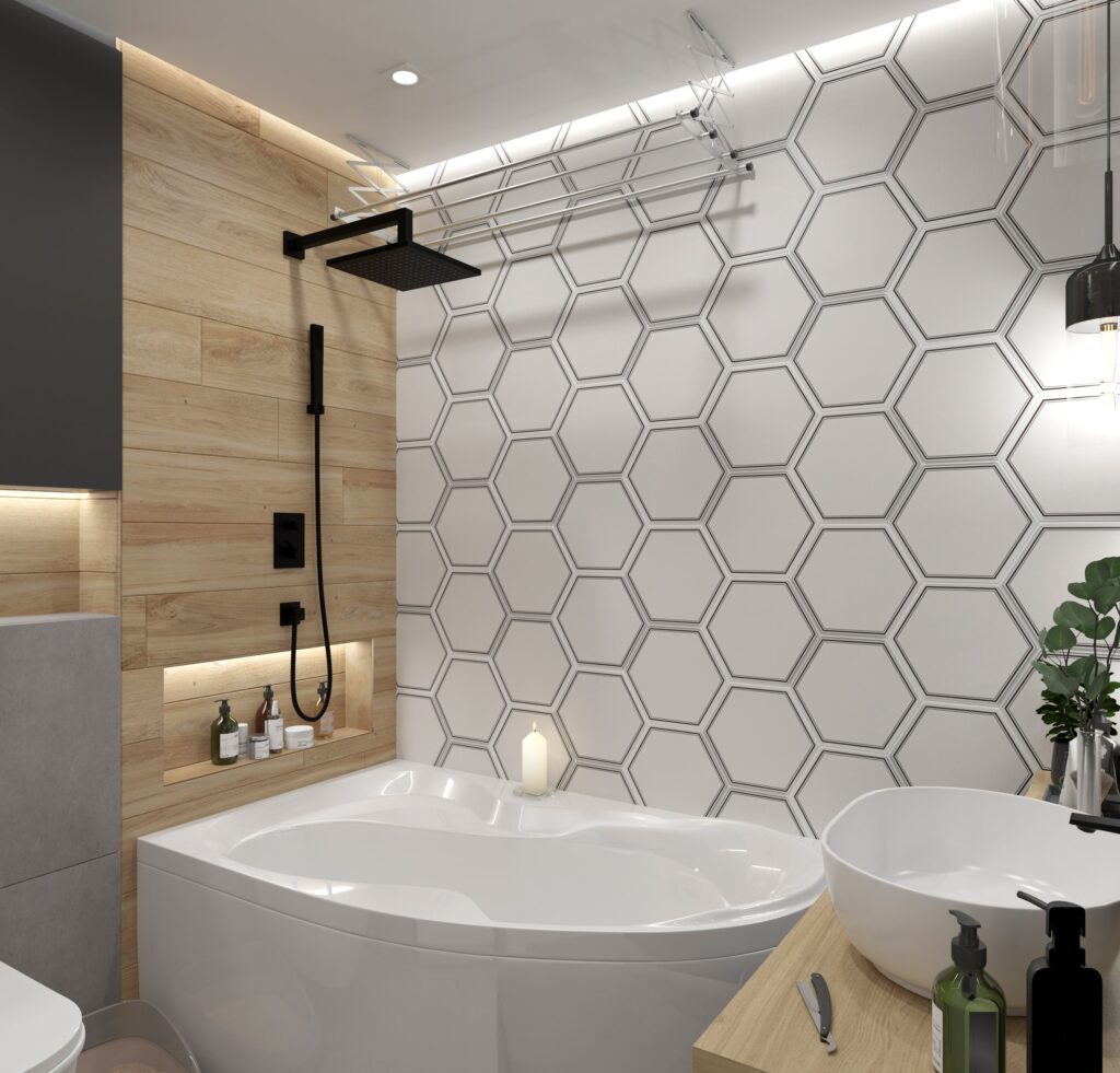 projekt łazienki z płytkami heksagonalnymi