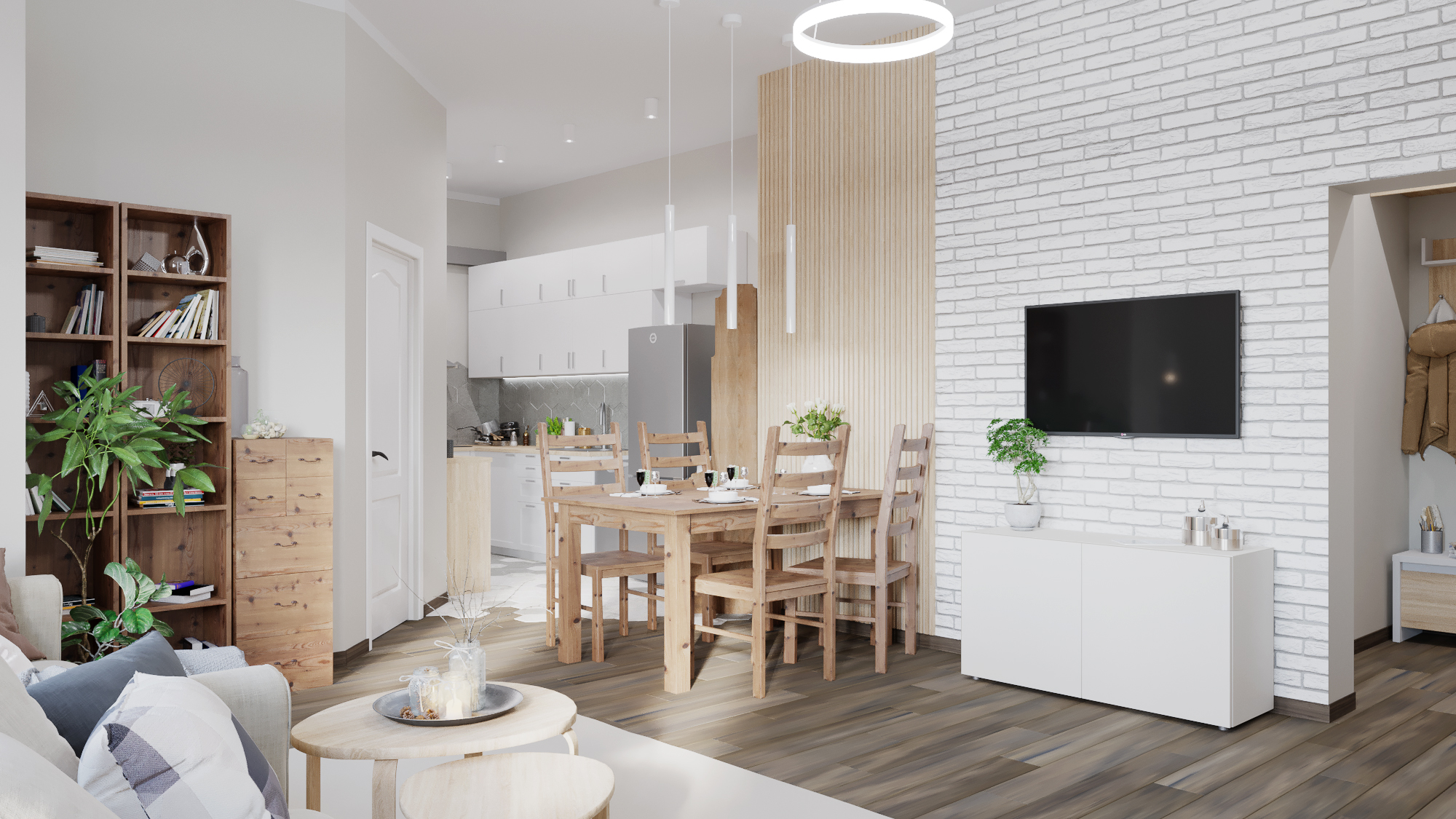 salon z aneksem kuchennym w mieszkaniu