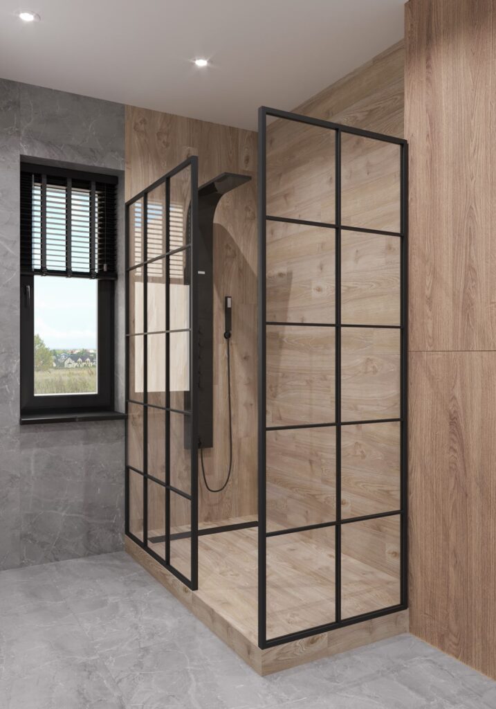 Łazienka z drewnem i prysznicem