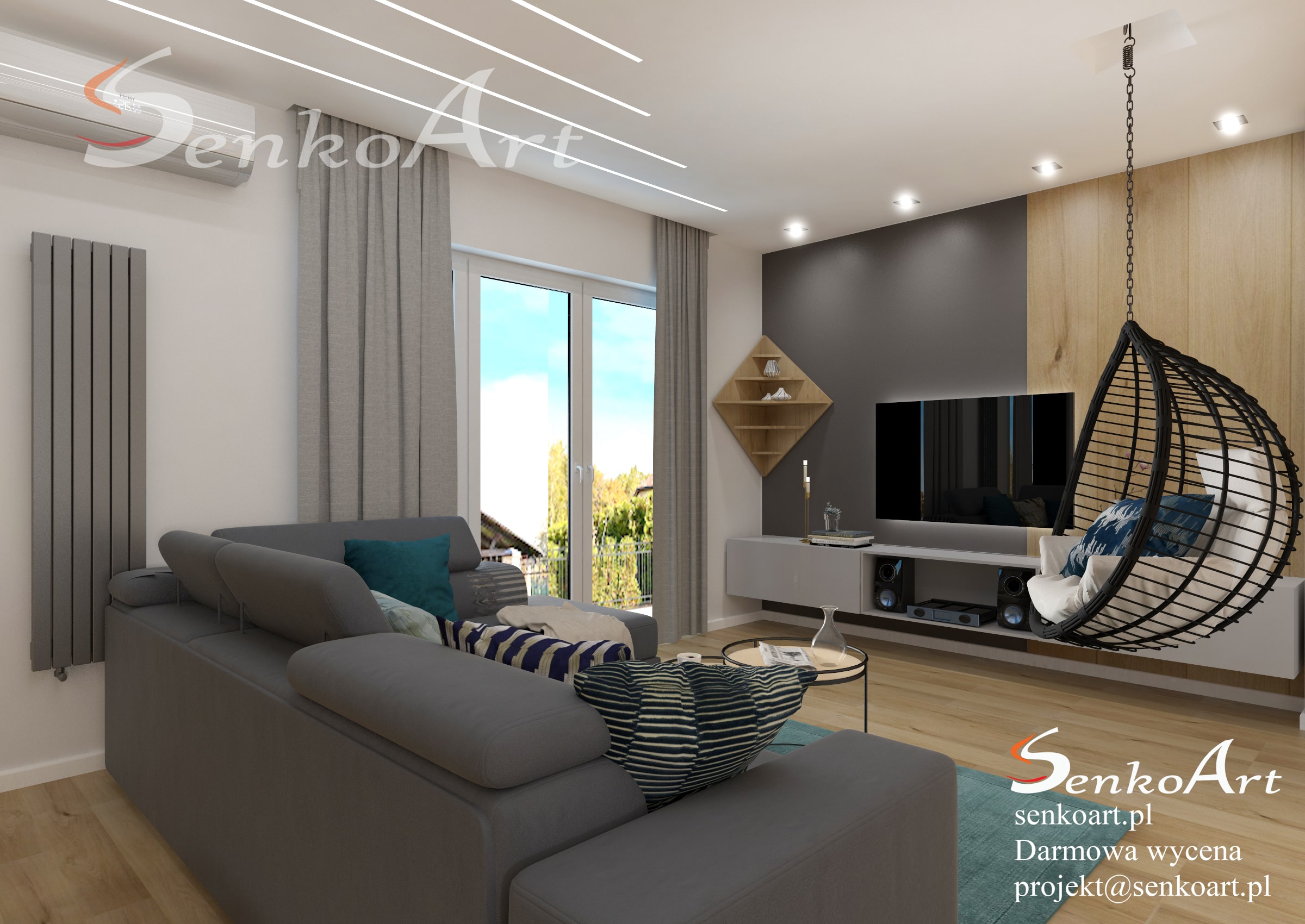 Nowoczesny salon z elemetami drewna