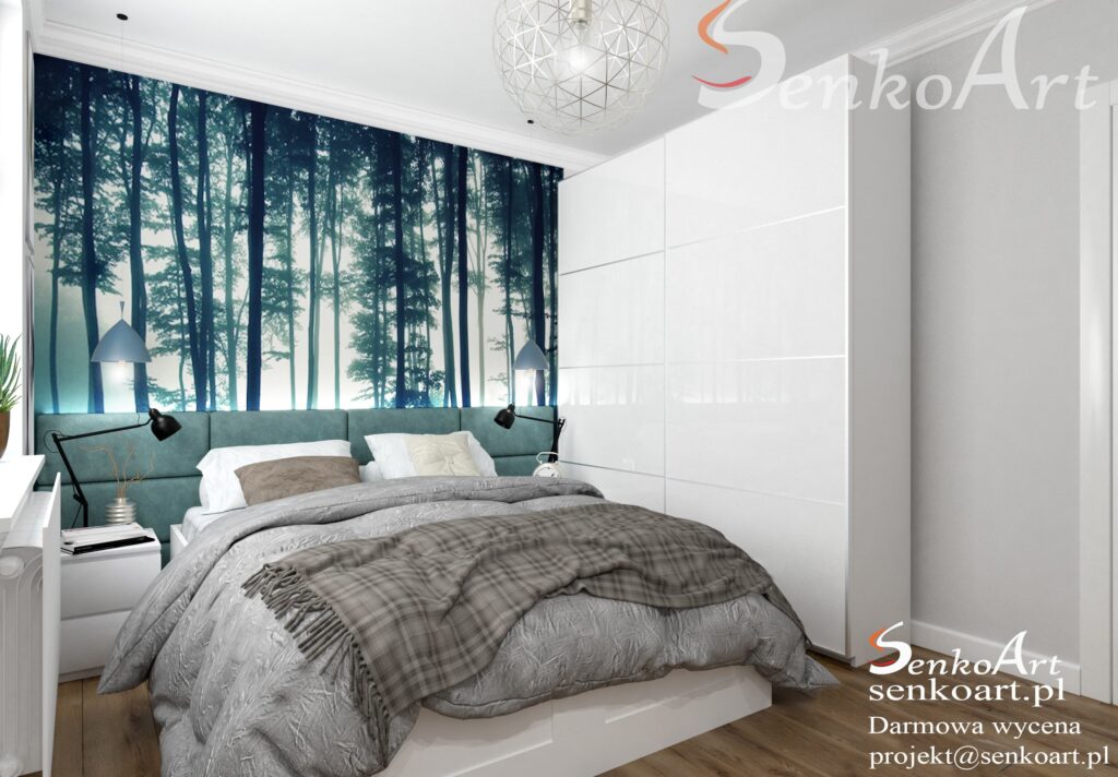 Sypialnia nowoczesna z tapeta lasu