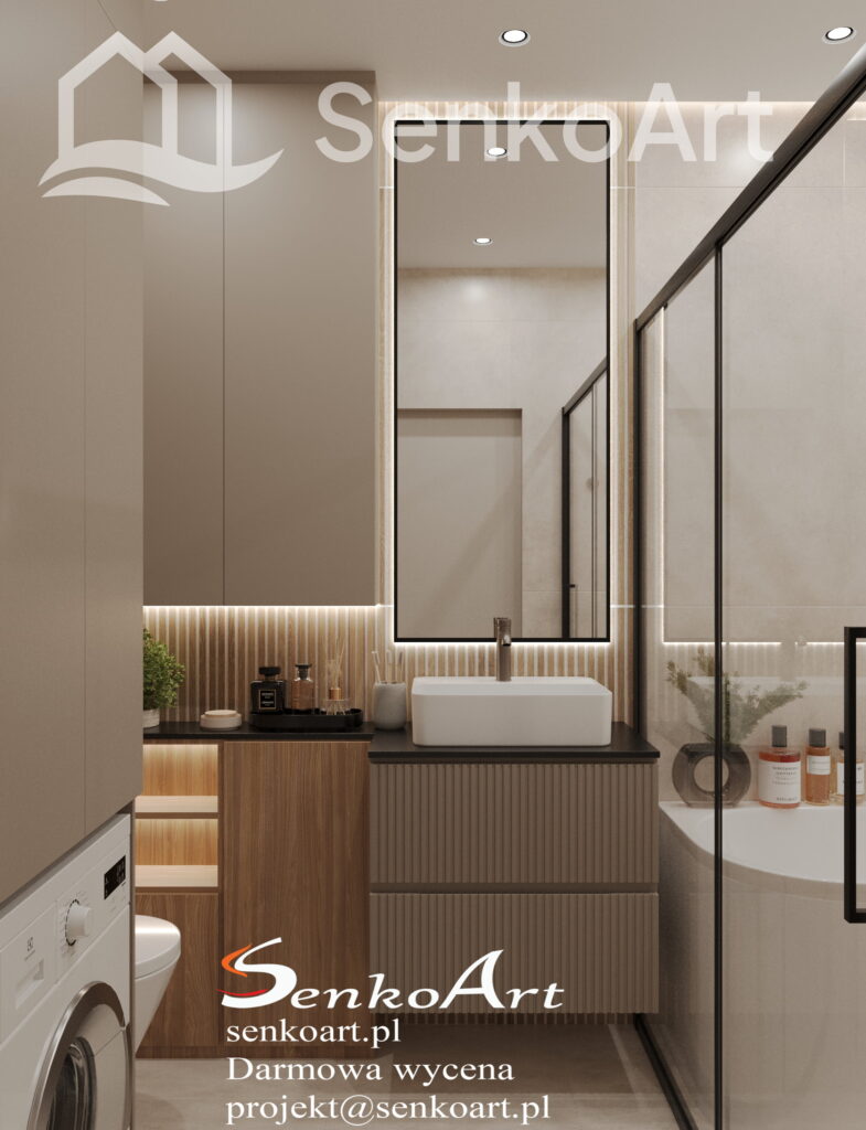 Nowoczesna łazienka w stylu modern z jasnymi płytkami, minimalistyczną umywalką i podświetlanym lustrem