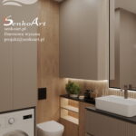 Mała łazienka w stylu nowoczesnym z zabudową meblową na wymiar i funkcjonalnym układem